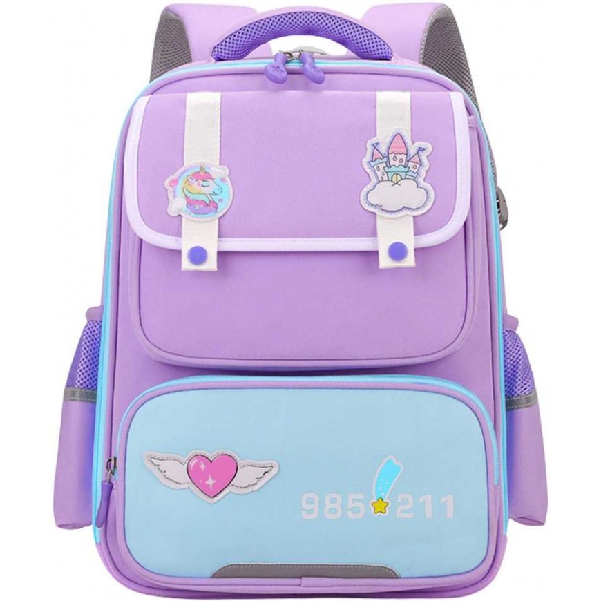 Lean School backpack with patches on the chest strap, purple, 16 l