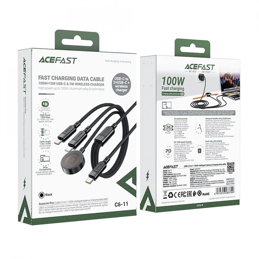 Acefast C6-11 USB-C 3in1 kabelis - 2x USB-C / Qi 480Mb/s 100W 1.2m - Juodos spalvos – 5