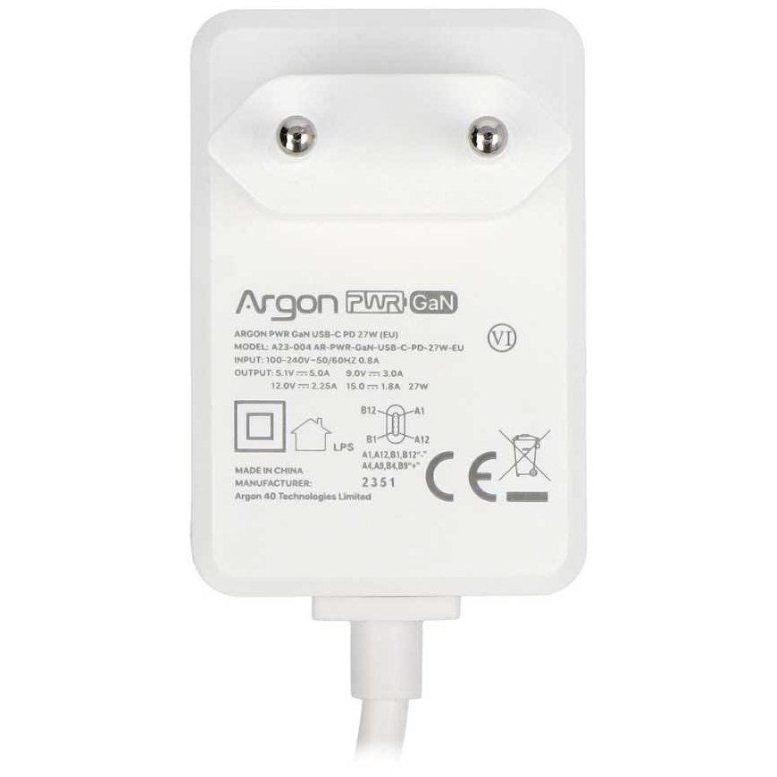 Argon40 27W USB C power supply – 5.1V/5A, designed for Raspberry Pi 5 – white – 3