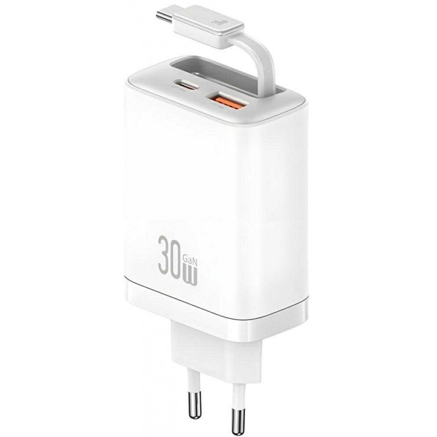 Laidinis įkroviklis USAMS Xiang Series CC296 30W 1xUSB-C 1xUSB-A + USB-C kabelis baltos spalvos