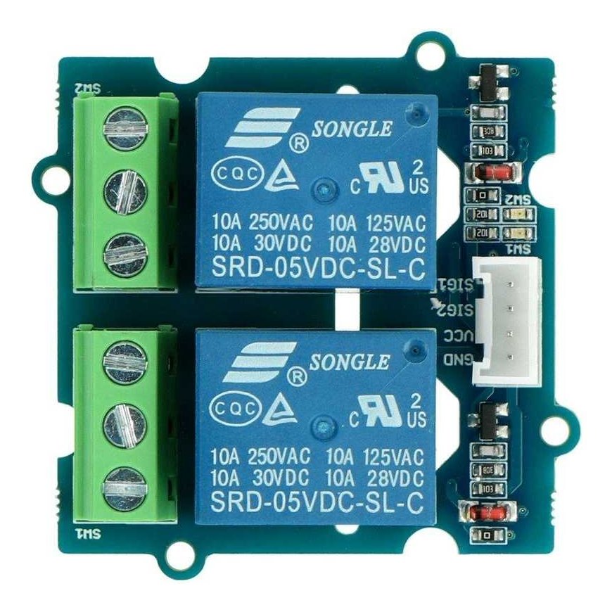 Seeed Studio Grove, 2 kanālu relejs ar optisko izolāciju, 10A/250VAC, spole 5V + caurspīdīgs korpuss – 4