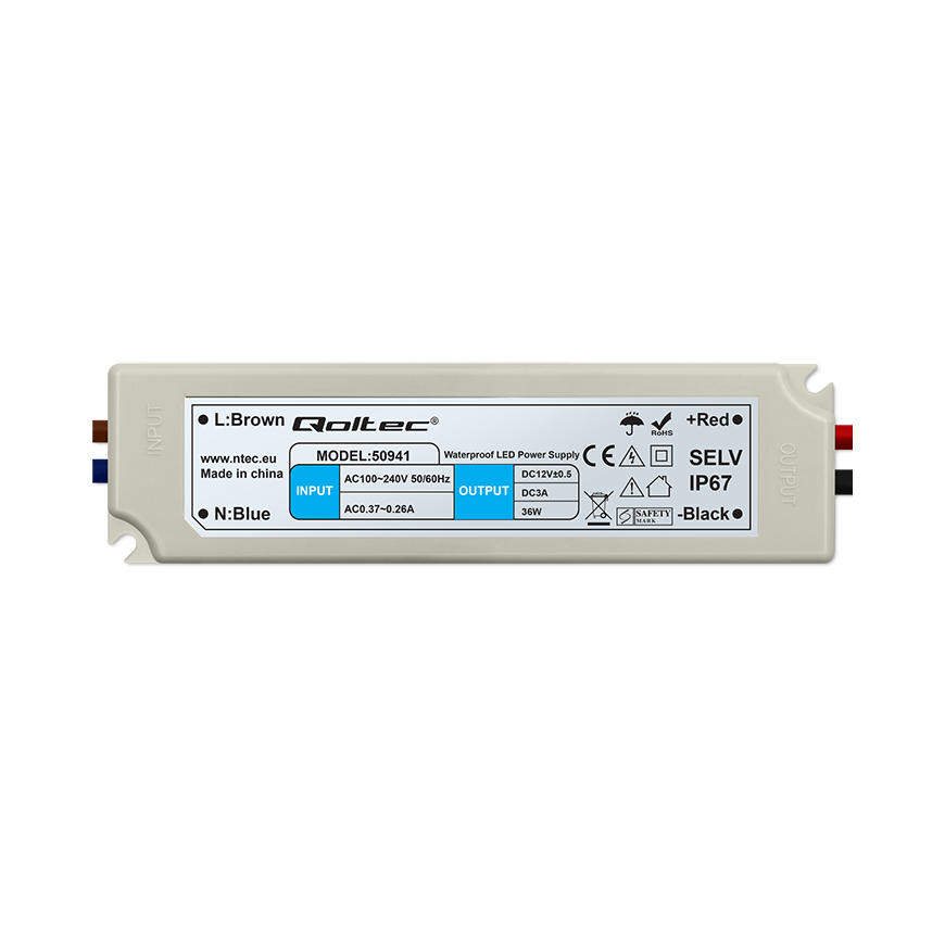 QOLTEC 50941 Impulssyöttölaite IP67 100V-240V 36W 12V 3A