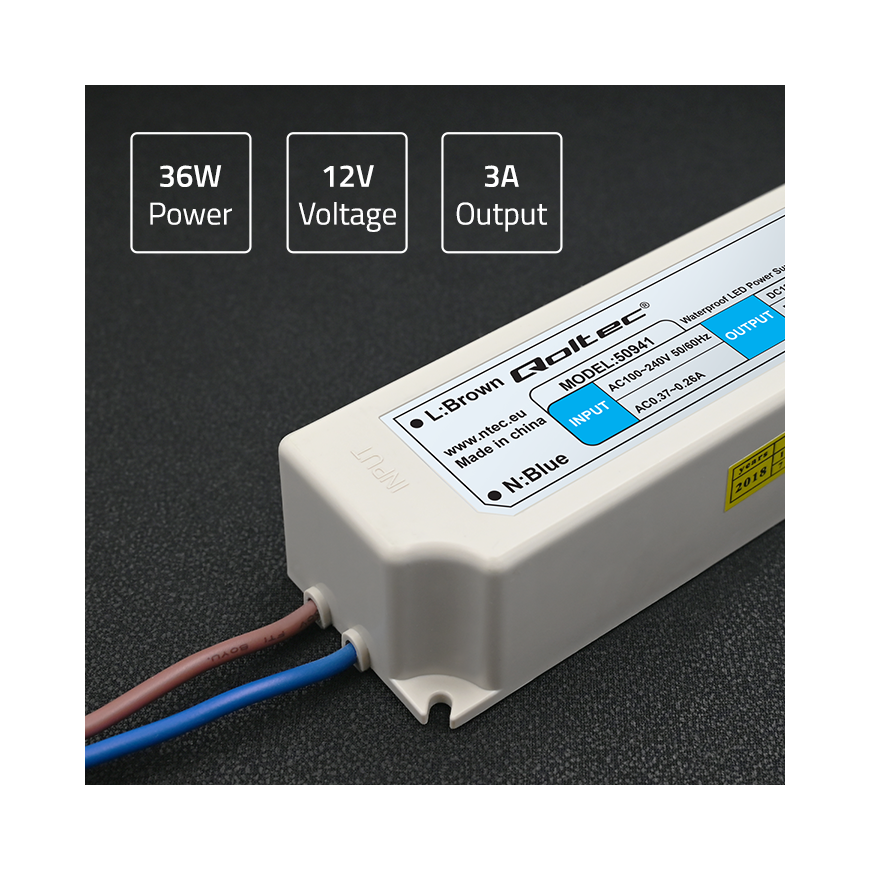 QOLTEC 50941 Impulssyöttölaite IP67 100V-240V 36W 12V 3A – 5