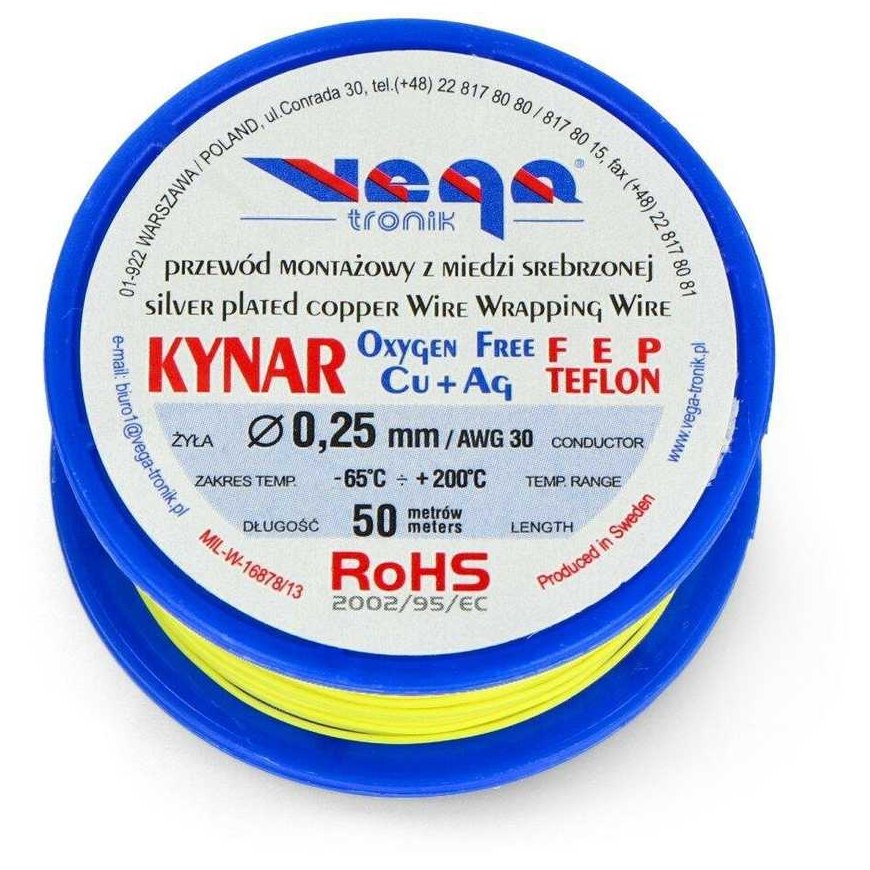 Vega Tronik Kynar hopeapinnoitettu kuparikokoelmakabeli - 0,25 mm / AWG 30 - keltainen - 50 m