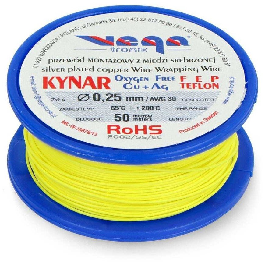Vega Tronik Kynar silver-coated copper assembly wire - 0.25 mm / AWG 30 - yellow - 50 m – 2