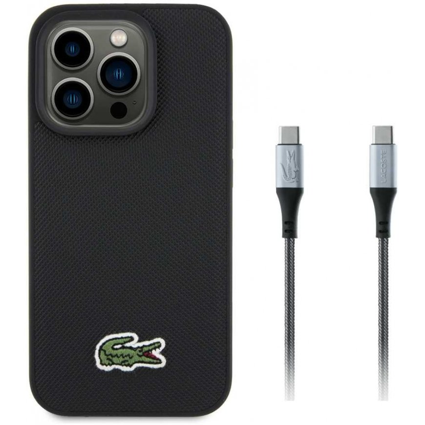 Lacoste Iconic Petit Pique Woven Logo MagSafe kate Apple iPhone 15 Pro musta värv + USB-C/USB-C kaabel