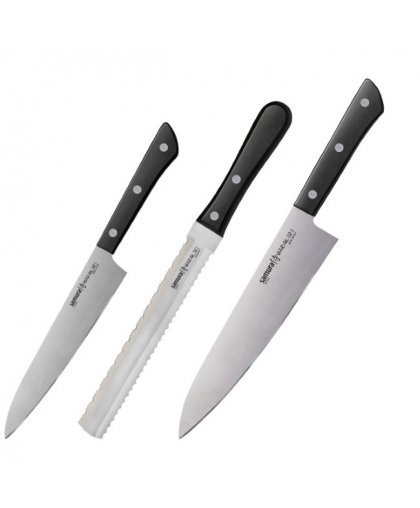 Samura HARAKIRI Set of 3pcs. universal Kitchen knives 59 HRC with Black handle – 2