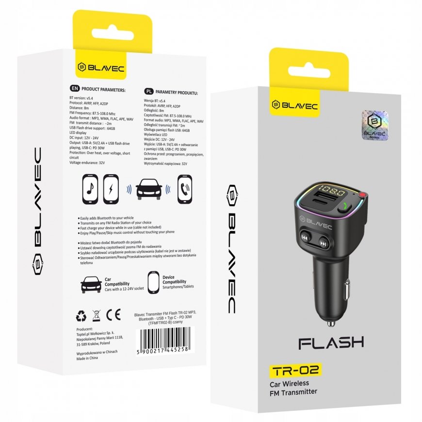 Blavec FM siųstuvas Flash TR-02 MP3, Bluetooth - USB + Type C