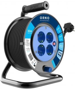 Orno pagarināšanas vadu spole, 4 ligzdas 2P+Z (schuko), PVC kabelis H05VV-F 3x1,5mm2, garums - 30m, termorele, strāvas ceļa logi