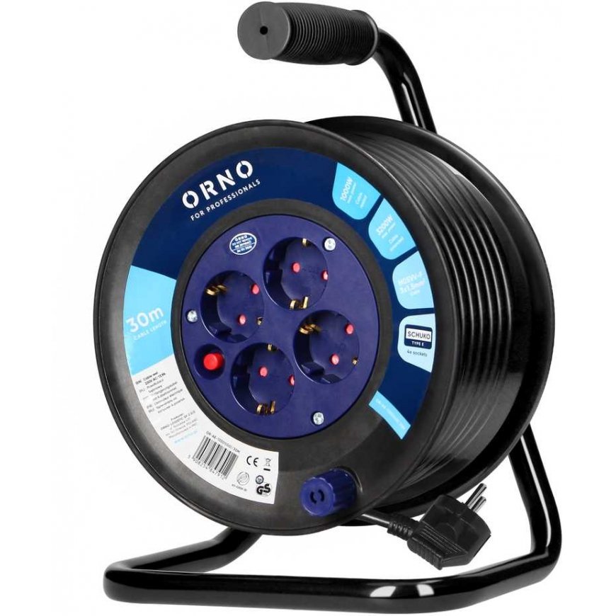 Extension cord reel, 4 sockets 2P+Z (schuko), PVC cable H05VV-F 3x1.5mm2, length - 30m, thermal relay, current path shutters – 2