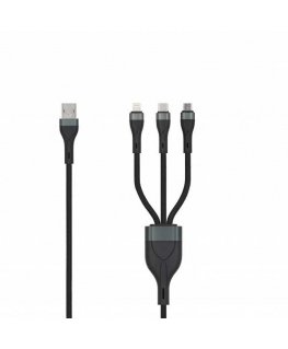 SEEK TOTI USB A - microUSB/Type-C/Lightning, 1,5 m punottu kaapeli 2A (ei MFI), Musta