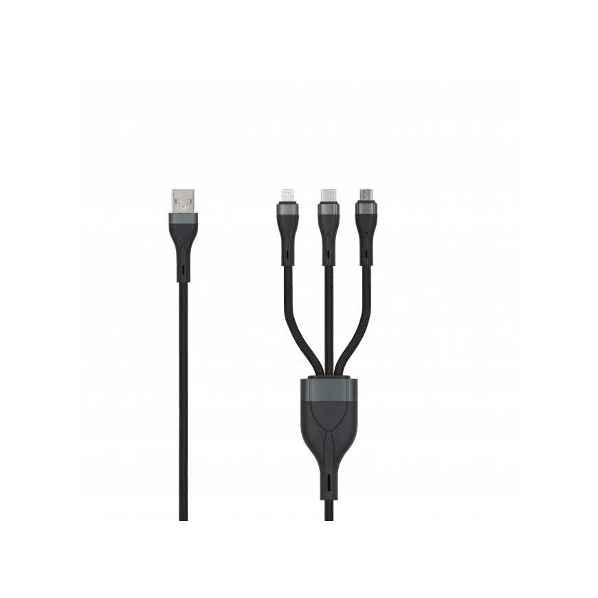 SEEK TOTI USB A - microUSB/Type-C/Lightning, 1,5 m punottu kaapeli 2A (ei MFI), Musta