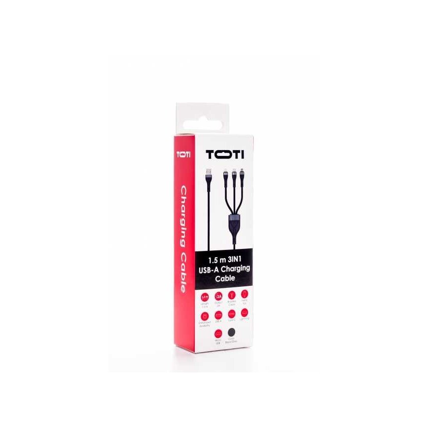 SEEK TOTI USB A - microUSB/Type-C/Lightning, 1,5 m punottu kaapeli 2A (ei MFI), Musta – 2