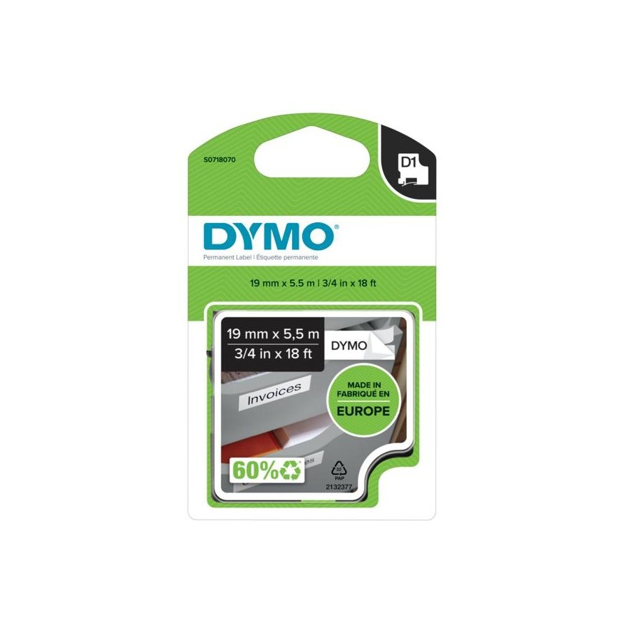 DYMO D1 -Durable Labels - Black on White - 19mm x 5.5m – 2