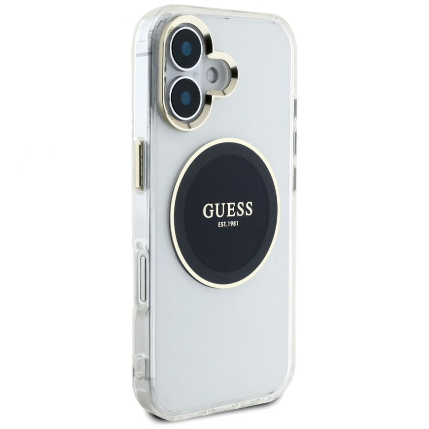Oriģinālais Dēklas GUESS IML Metāla Krāsots Aplis Klasiskais Logo MagSafe paredzēts Apple iPhone 16 melnā krāsā – 5