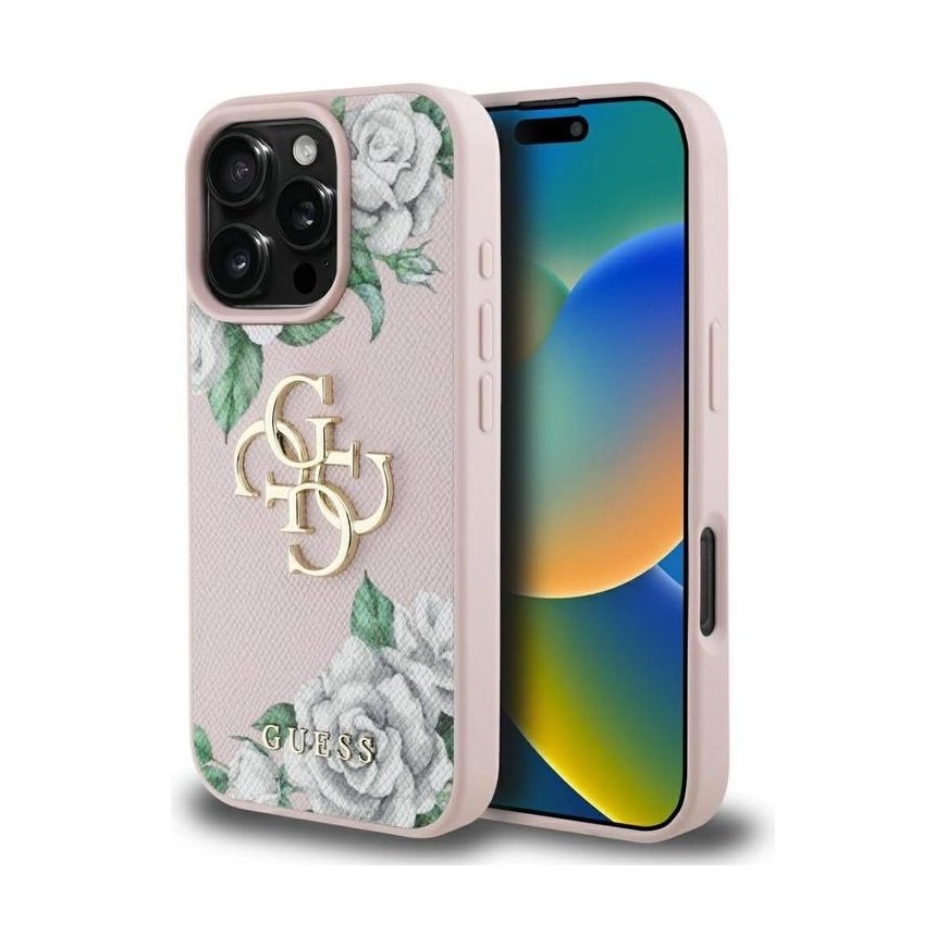 Case Guess Grained Roses Big 4G logo for iPhone 16 Pro Max pink