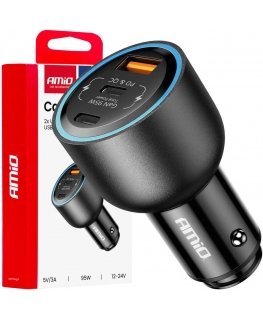 Įkroviklis automobilinis 2x usb-c + usb-a 12v 24v 95w amio-04372
