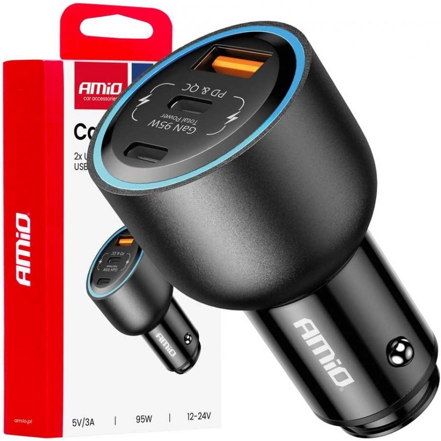 Auton laturi 2x usb-c + usb-a 12v 24v 95w amio-04372