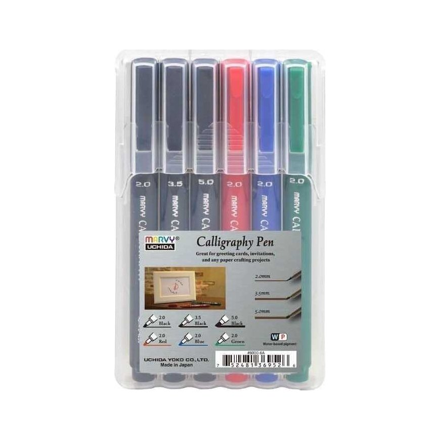 Colored calligraphy pens Marvy Calligraphy 6000-6AX 3 different strokes, 6 pcs.