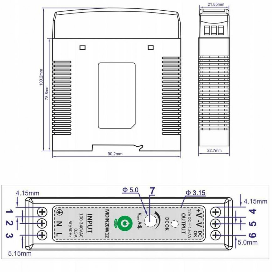 Oem baro avots MDIN20W12 DIN sliedei - 12V/1.67A/20W – 2