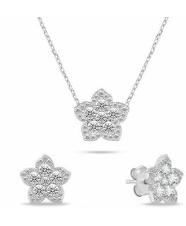 Brilio Silver Flower Silver Jewelry Set with Zirconia SET286W (necklace, earrings)