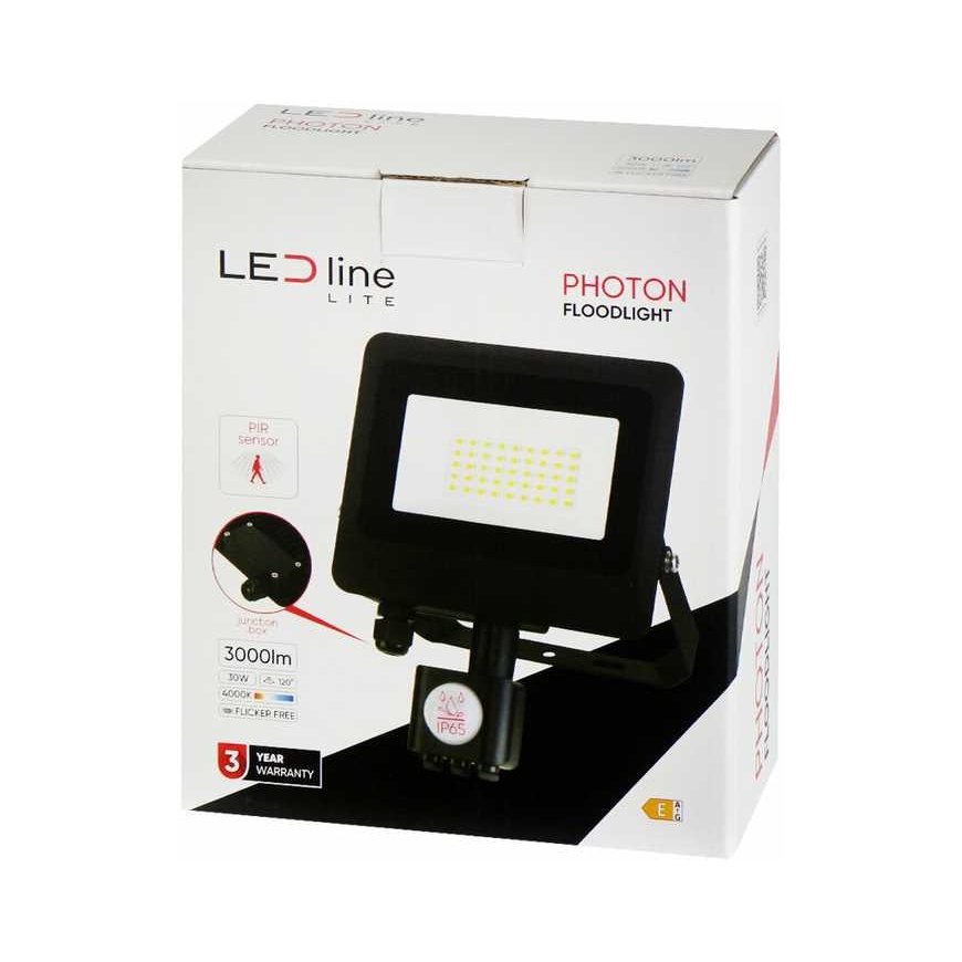 Outdoor lamp with motion sensor LED 30W neutral white 230Vac, 3000lm, IP65, black, PHOTON, LED LINE – 3