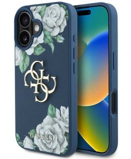 Originalus Dėklas GUESS Grained Roses Big 4G logo skirtas Apple iPhone 16 mėlynos spalvos