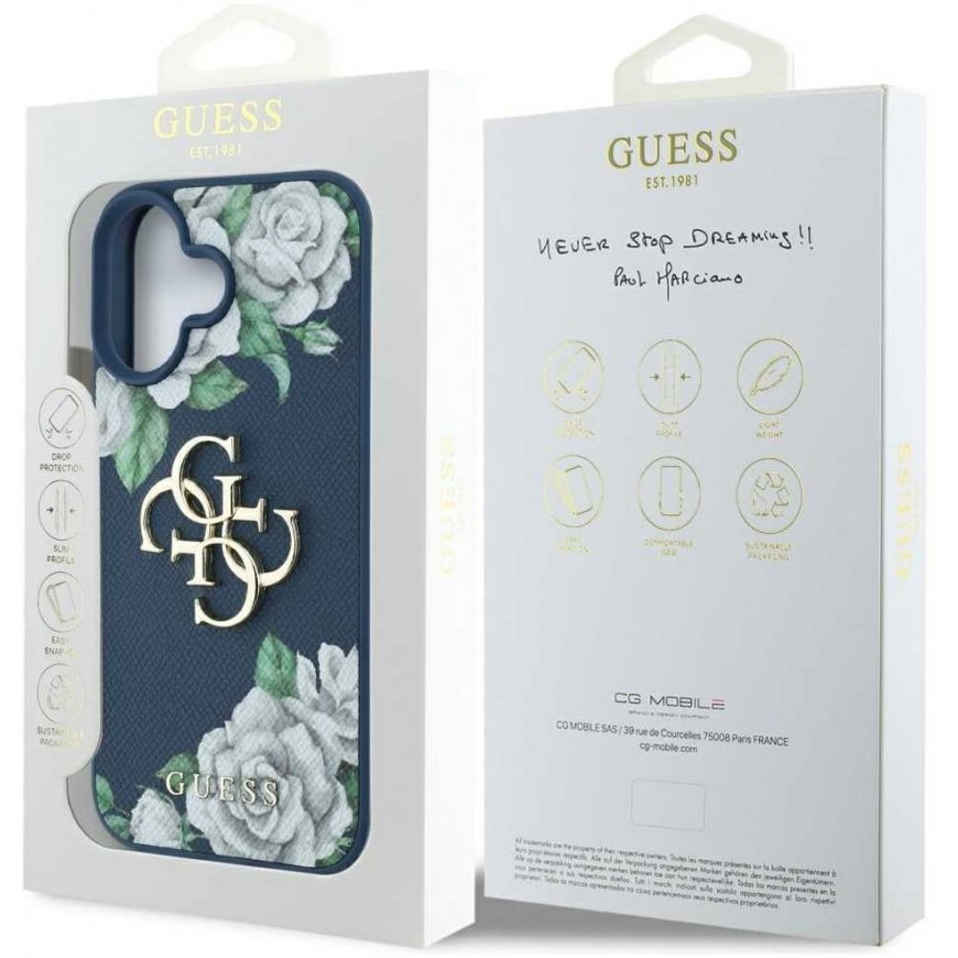 Oriģinālais Dēklas GUESS Grained Roses Big 4G logo paredzēts Apple iPhone 16 zila krāsā – 2