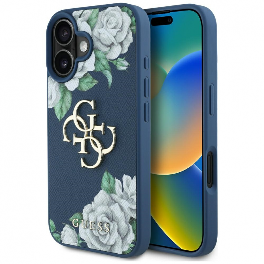 Originalus Dėklas GUESS Grained Roses Big 4G logo skirtas Apple iPhone 16 mėlynos spalvos – 3