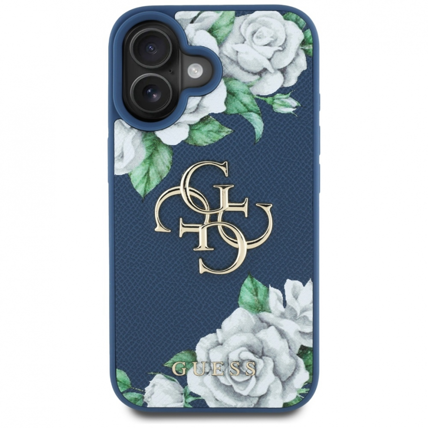 Alkuperäinen GUESS Grained Roses Big 4G -logo -kotelo Apple iPhone 16:lle sinisessä värissä – 5