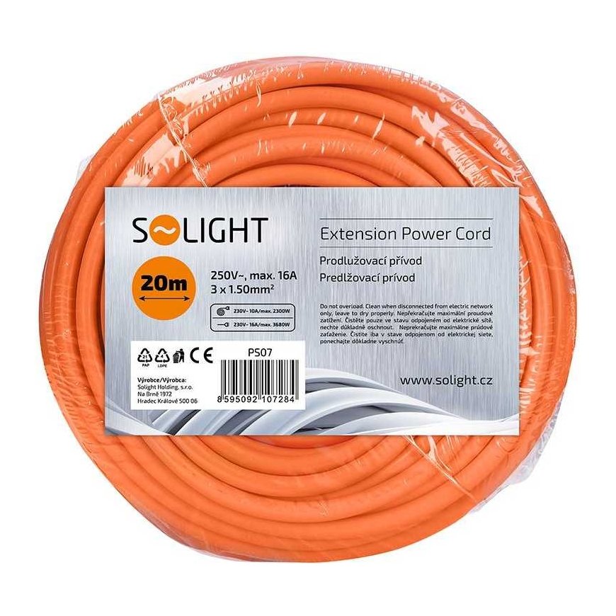 Solight удлинитель - разъем, 1 гнездо, 20м, 3 x 1,5мм2, оранжевый – 4