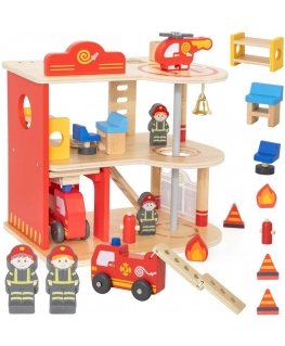Viga Toys VIGA koka garāžas ugunsdzēsēju komplekts no 14 daļām
