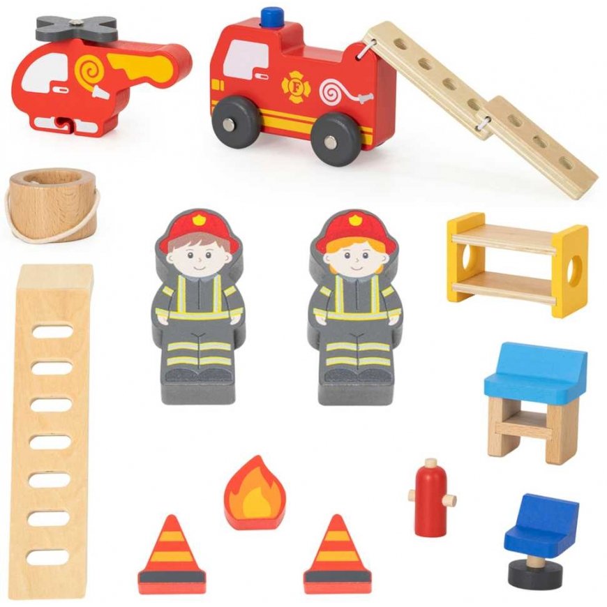 Viga Toys VIGA medinio garažo gaisrinės rinkinys iš 14 dalių – 2