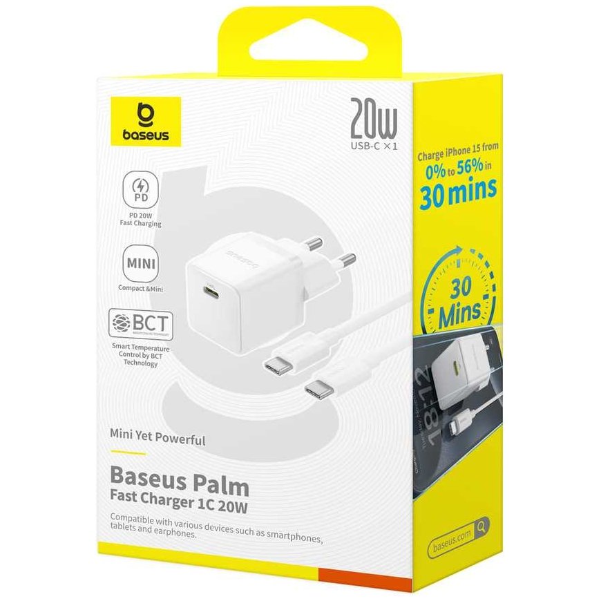Baseus Seinälaite Palm 20W USB-C QC3.0 PD3.0 USB-C-kaapelilla 1m, valkoinen – 3