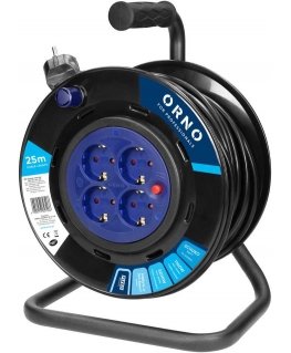 Extension cable reel, 4 sockets 2P+Z Schuko, PVC cable H05VV-F 3x1.5mm2, length 25m, fixed sockets, thermal relay, current track