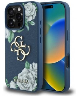 Originaalne GUESS Grained Roses Big 4G logo Apple iPhone 16 Pro jaoks sinises värvuses