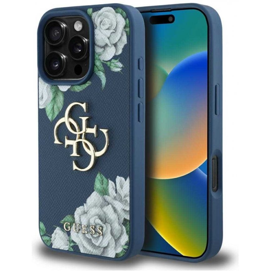 Original GUESS Grained Roses Big 4G logo case for Apple iPhone 16 Pro in blue color