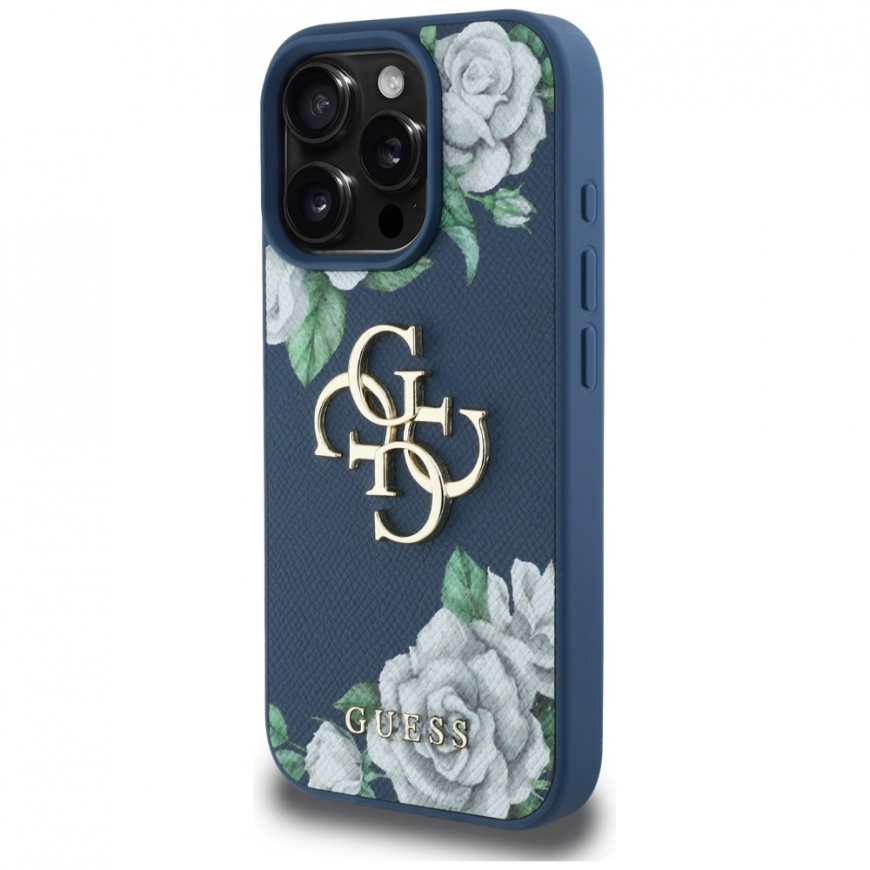 Alkuperäinen GUESS Grained Roses Big 4G logo -kuori Apple iPhone 16 Pro:lle sinisessä värissä – 4
