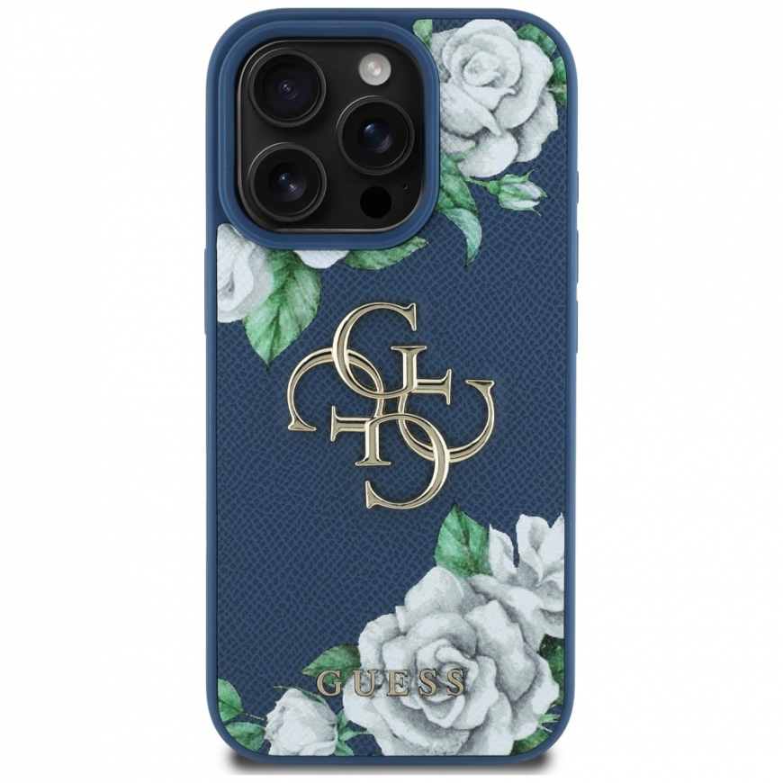 Original GUESS Grained Roses Big 4G logo case for Apple iPhone 16 Pro in blue color – 5