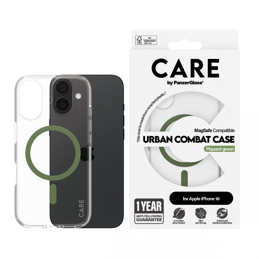 PanzerGlass CARE by ® Flagship Case Transparent Urban Combat w. Green MagSafe iPhone 16 – 2