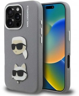 Karl Lagerfeld Grained PU K&CH Heads dėklas skirtas Apple iPhone 16 Pro pilkos spalvos