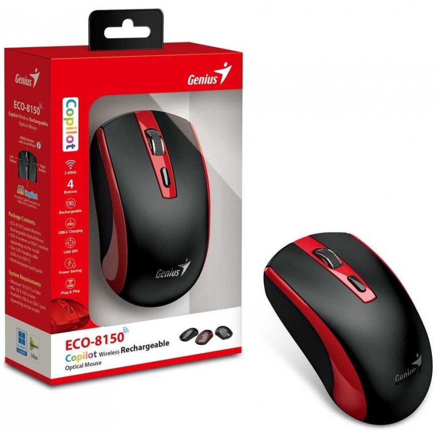 Mouse GENIUS ECO-8150 Red/ 1200 dpi/ wireless/ rechargeable/ Copilot/ 4-button/ black/ red – 5