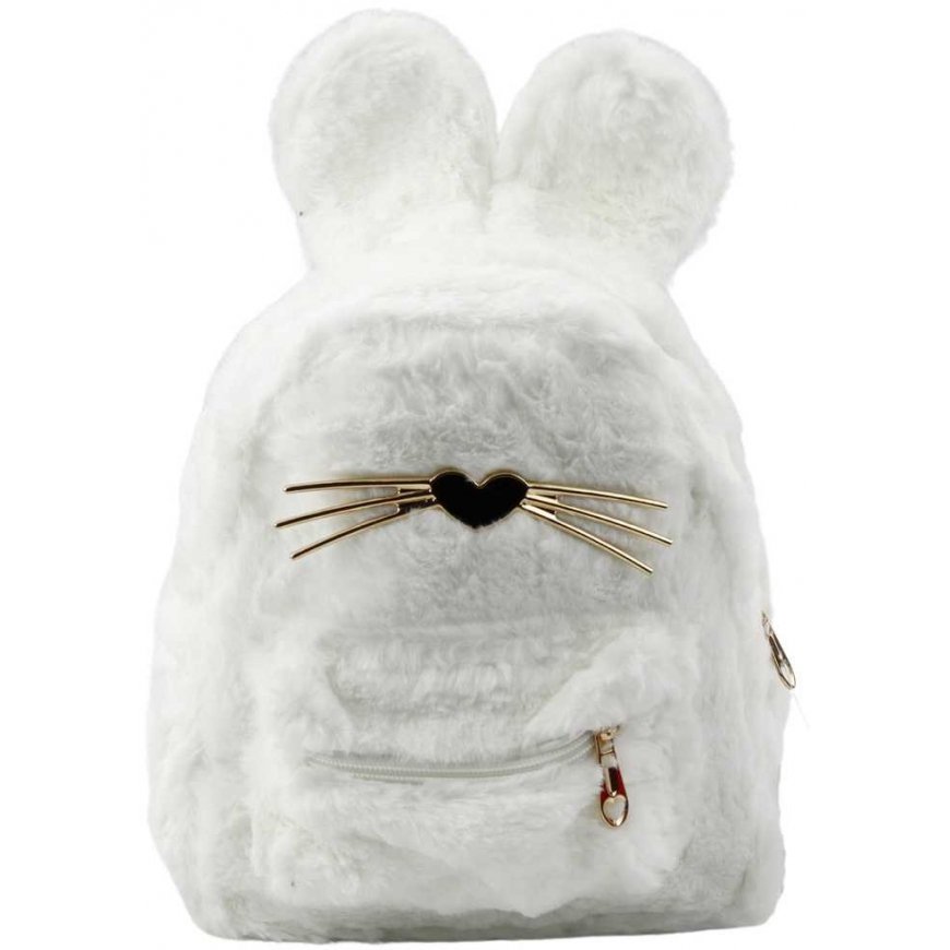Children's backpack "Lean" with fluffy plush rabbit ears, nose, whiskers, and White 3L 22cm