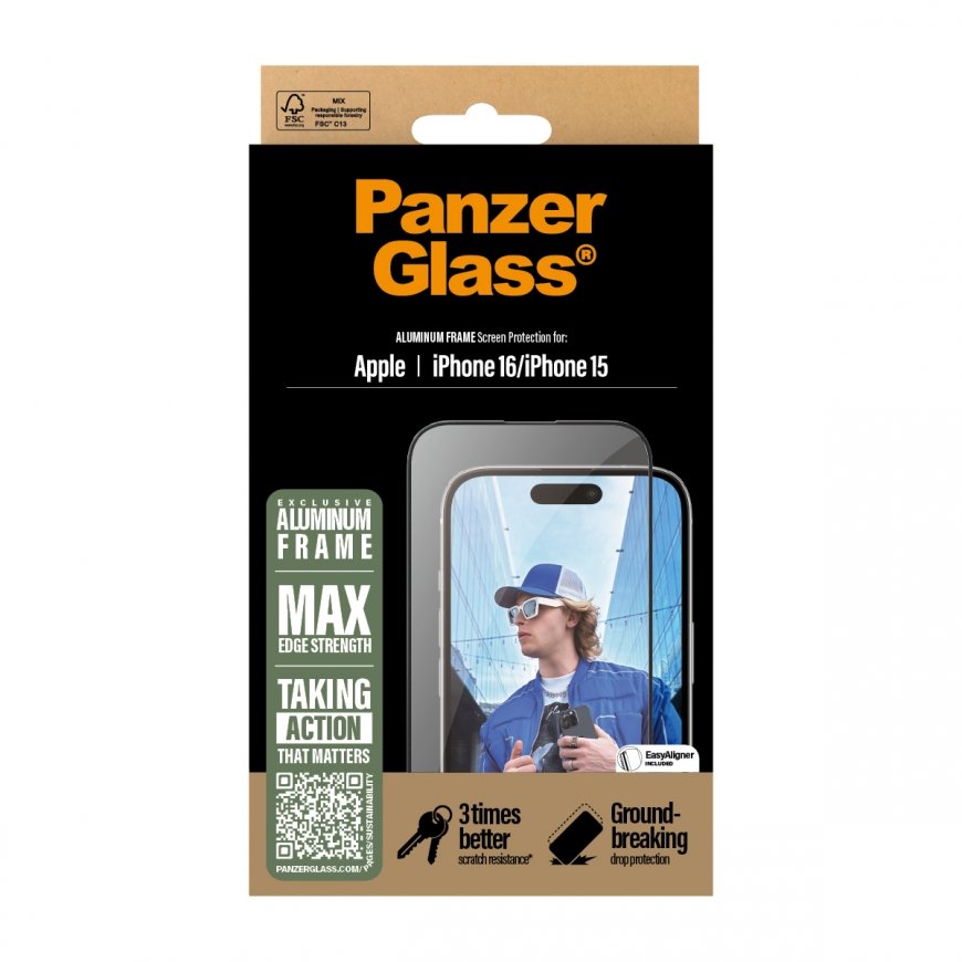 PanzerGlass ® Screen Protector Aluminum Frame iPhone 16 | 15 | Ultra-Wide Fit – 3