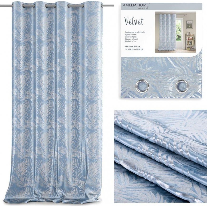 AmeliaHome CURT/AH/VELVET/SILVERLEAVES/Blue/140X245