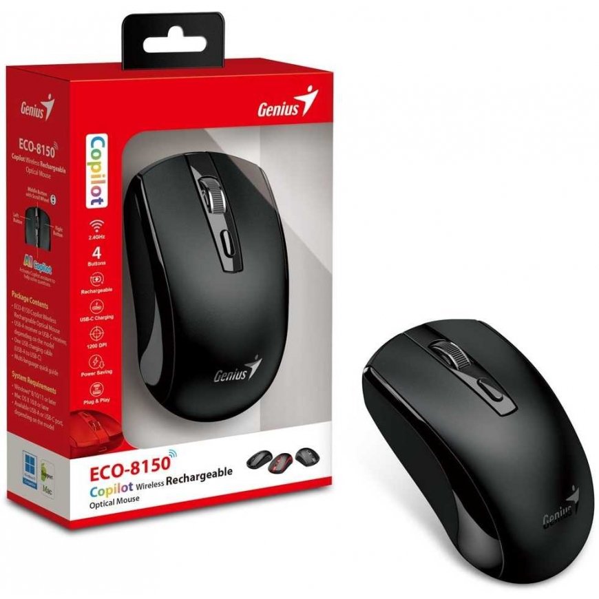Mouse GENIUS ECO-8150 Black/ 1200 dpi/ wireless/ rechargeable/ Copilot/ 4-button/ black – 5