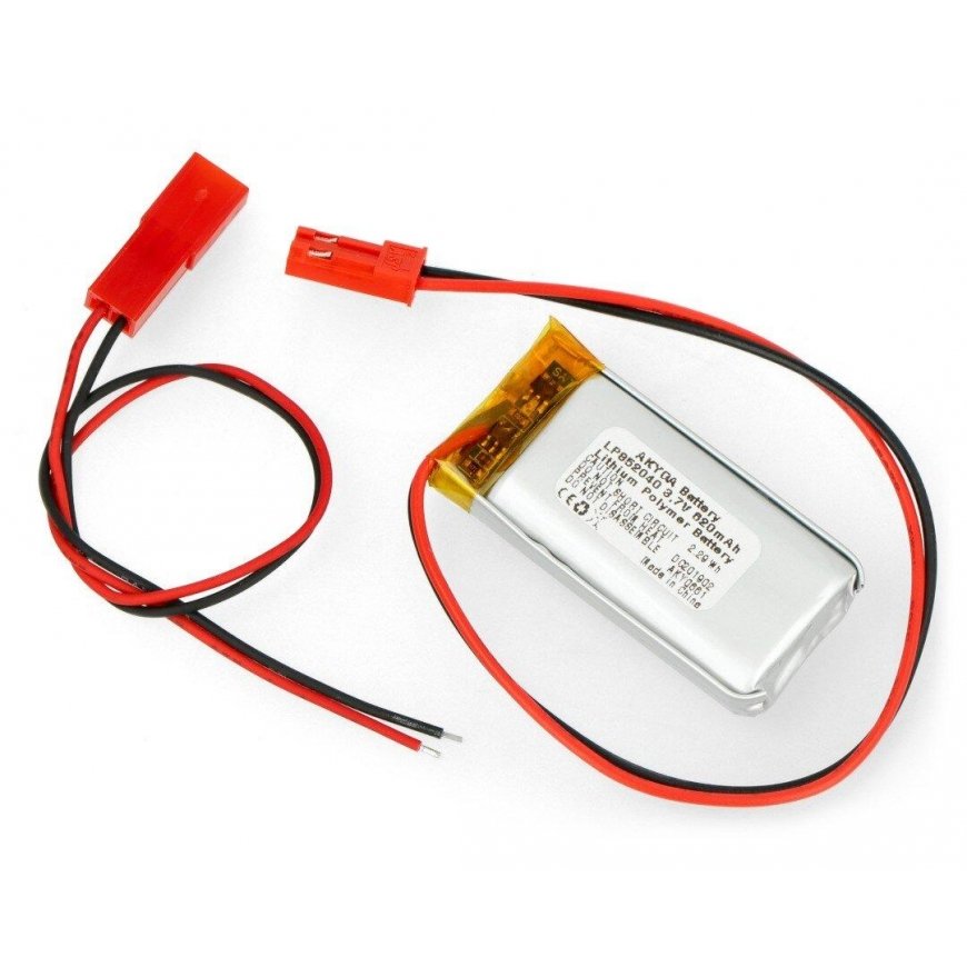 Akyga Li-Pol element 620mAh 1S 3.7V - JST-BEC connector + socket - 40x20x8mm – 2