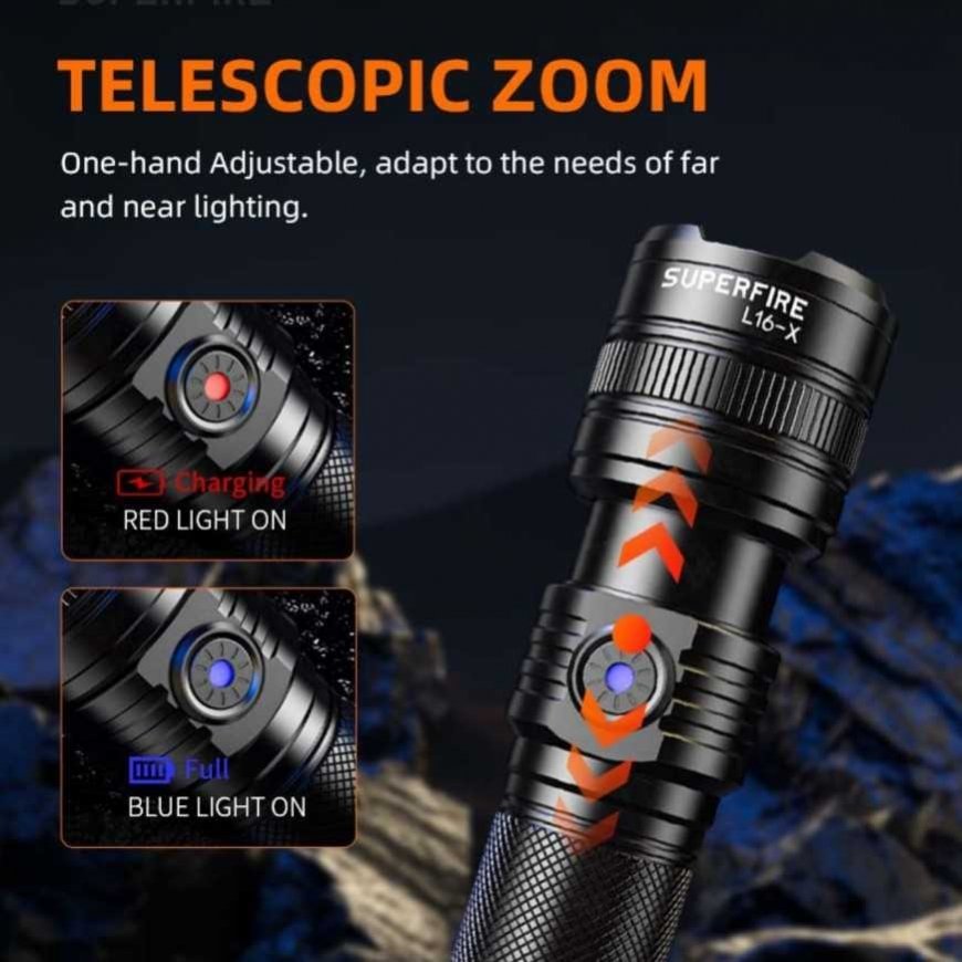 Superfire Flashlight L16-T, 890lm, 15W, focusable, rechargeable USB C, 18650 3400mAh, IP43 – 2