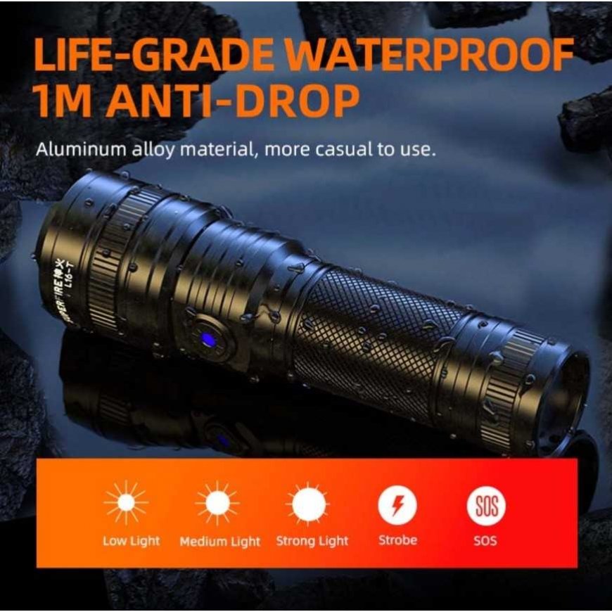 Superfire Flashlight L16-T, 890lm, 15W, focusable, rechargeable USB C, 18650 3400mAh, IP43 – 5