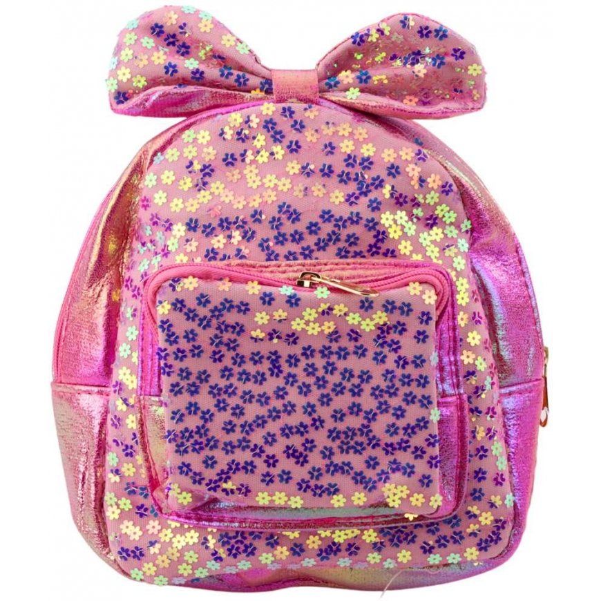 Lean Kids' backpack with sequins, flowers, ribbon, pink, 22 cm, 2.8 l
